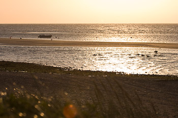 Flachwasser und trockene Sandbänke in Rettin an der Ostsee